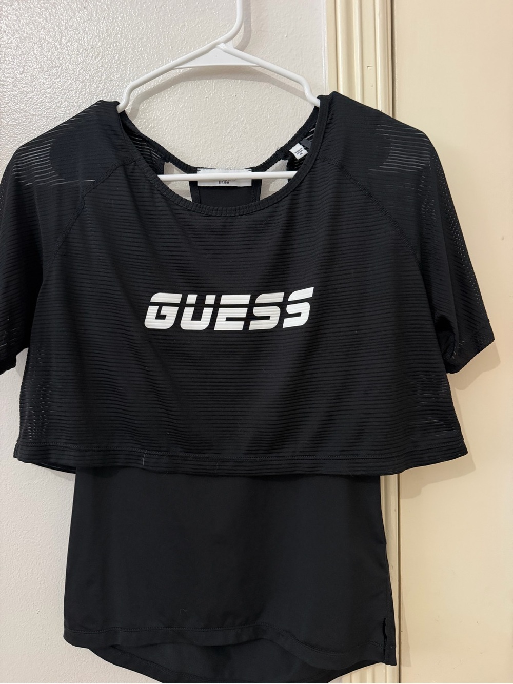 GUESS Black Layered Logo Crop Top with Mesh Overlay